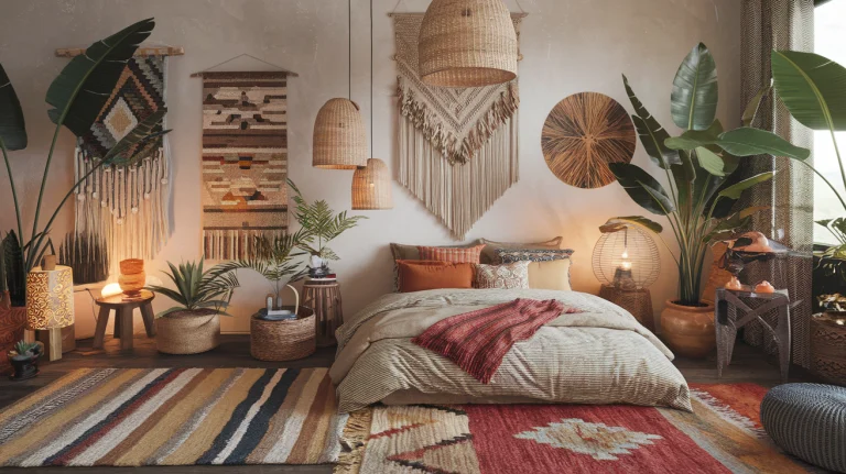 bohemian bedroom design with woolen bedsheeds