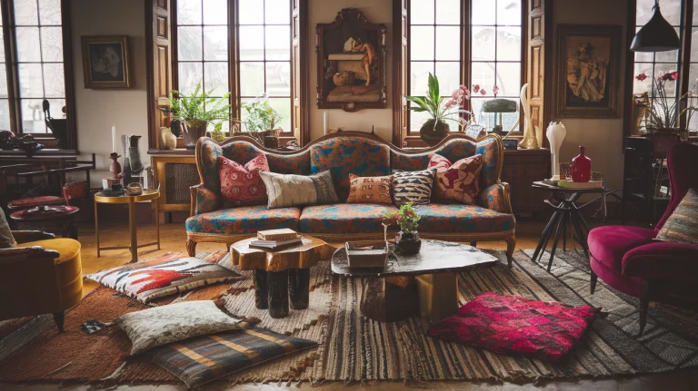 eclectic living room design featuring a vintage sofa